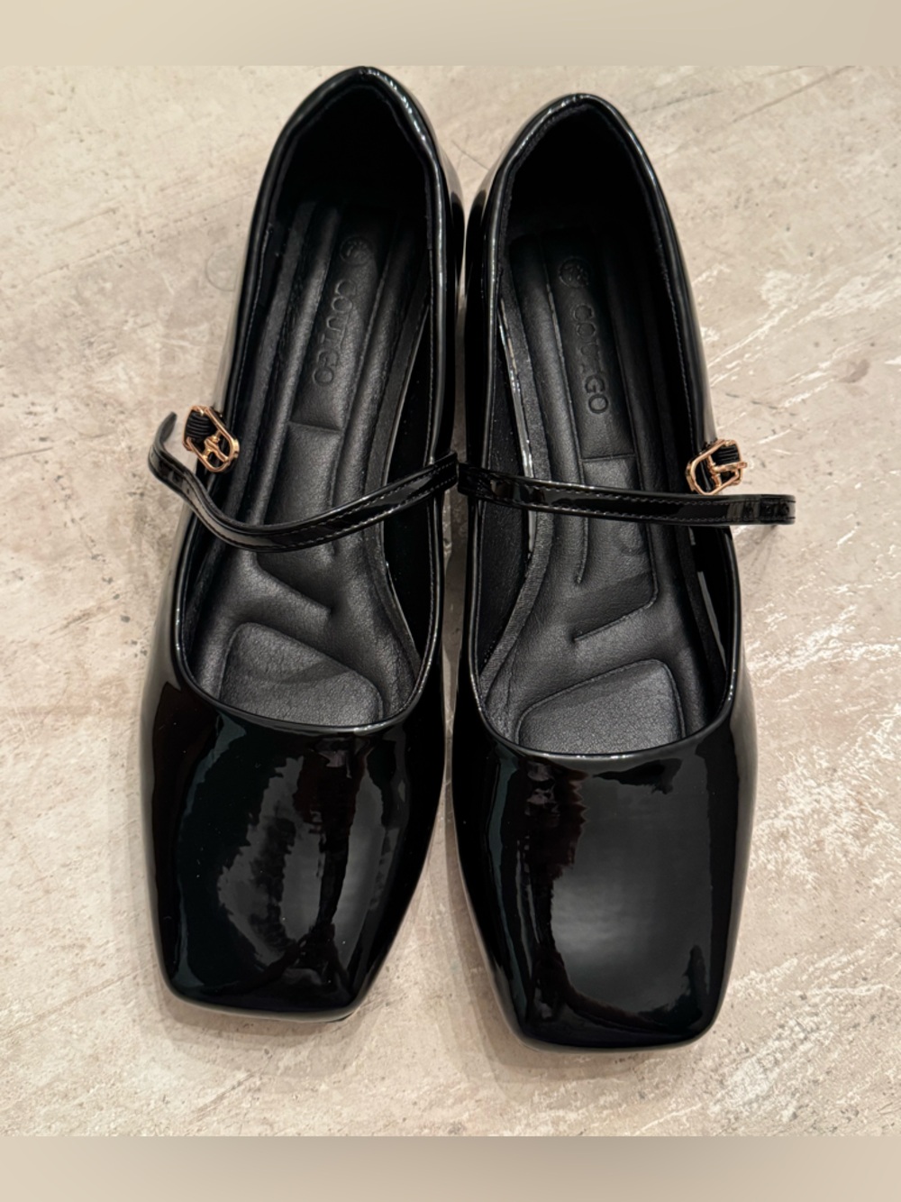 Coutgo Black Square Toe Patent Leather Mary Jane Shoes